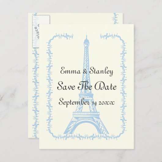 Paris Hochzeitsblauer Eiffelturm Save the Date Ankündigungspostkarte (Vorne/Hinten)