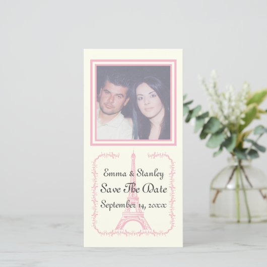 Paris Hochzeitsrosa Eiffelturm Save the Date (Stehend Vorderseite)