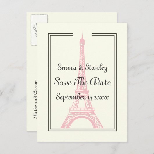 Paris Hochzeitsrosa Eiffelturm Save the Date Ankündigungspostkarte (Vorne/Hinten)
