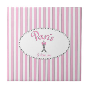 "Paris I Love You"- rosa Streifen Fliese