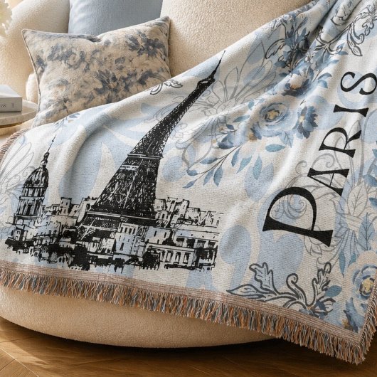 Paris in Blue Fringed Blanket Decke