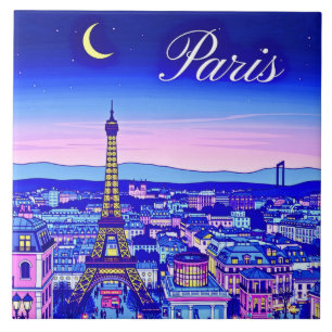 Paris in der Dämmerung unter einem Halbmond Fliese