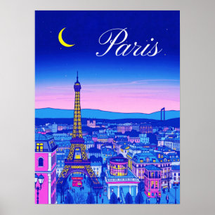 Paris in der Dämmerung unter einem Halbmond Poster