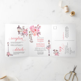 Paris Inspirierte Rosa-Aquarellfarben-Blume Hochze Dreifach Gefaltete Einladung