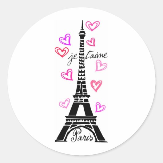 PARIS JE T'AIME EIFFEL UND ROSA HERZEN RUNDER AUFKLEBER (Vorderseite)