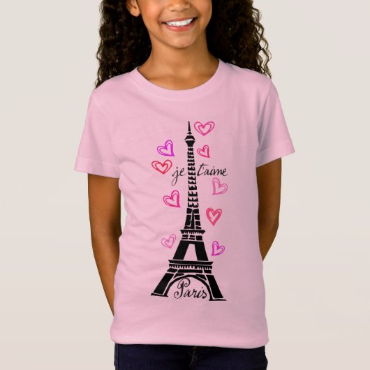 PARIS JE T'AIME EIFFEL UND ROSA HERZEN T-Shirt (Vorderseite)