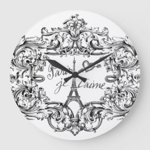 "Paris Je T'aime" Eiffelturm Scroll Print Große Wanduhr