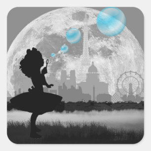 PARIS Kleines Mädchen macht blaue Bubble-Art-Aufkl Quadratischer Aufkleber