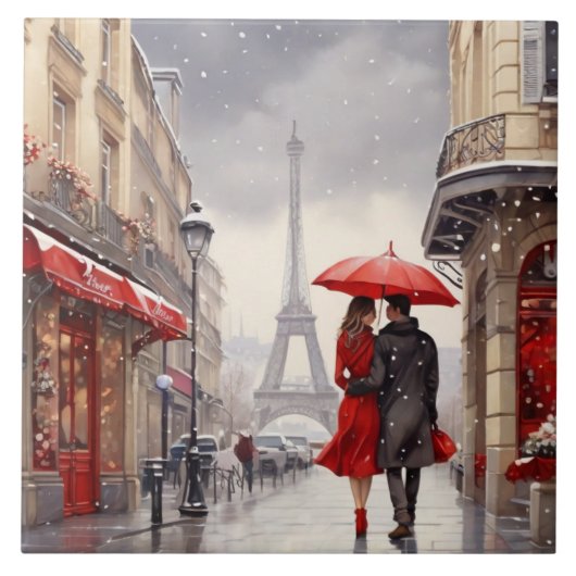 Paris Liebe: Romantischer Winterlicher Eiffelturm  Fliese (Vorderseite)