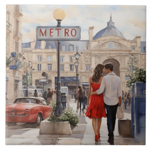 Paris Liebe: Romantisches Paar am Bahnhof Metro Fliese