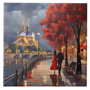 Paris Liebe: Romantisches Paar an der Seine Notre Fliese