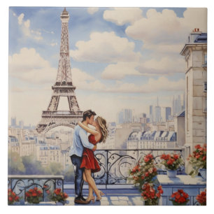 Paris Liebe: Romantisches Paar Eiffelturm Balkon Fliese