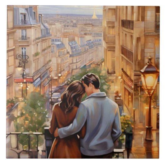 Paris Liebe: Romantisches Paar Französische Stadta Fliese (Vorderseite)