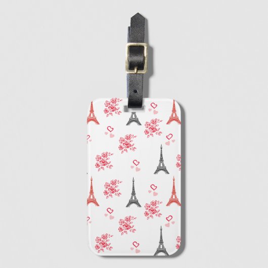 Paris Love Pattern – Eiffel Tower & Roses Seamless Gepäckanhänger (Vorderseite Vertikal)