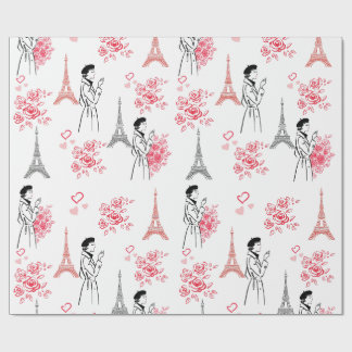 Paris Love Pattern – Eiffel Tower & Roses Seamless Geschenkpapier