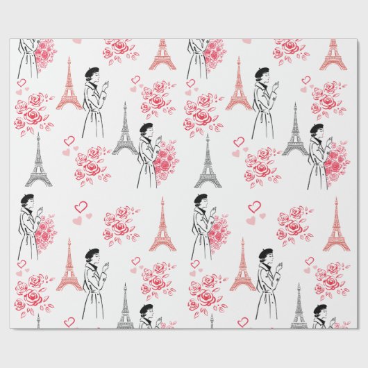 Paris Love Pattern – Eiffel Tower & Roses Seamless Geschenkpapier (Flach)