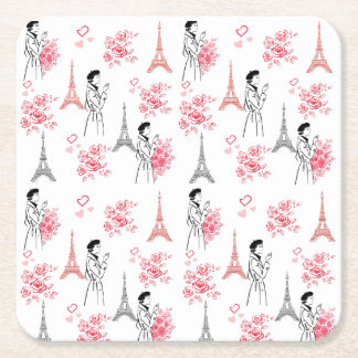 Paris Love Pattern – Eiffel Tower & Roses Seamless Rechteckiger Pappuntersetzer