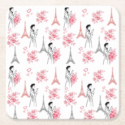 Paris Love Pattern – Eiffel Tower & Roses Seamless Rechteckiger Pappuntersetzer (Vorderseite)