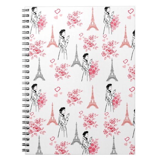 Paris Love Pattern – Eiffelturm & Rosen Nahtlos Notizblock (Vorderseite)