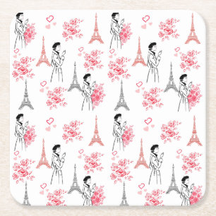 Paris Love Pattern – Eiffelturm & Rosen Nahtlos Rechteckiger Pappuntersetzer