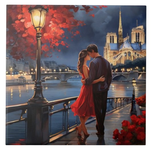 Paris Love: Romantic Couple Seine River Notre Dame Fliese (Vorderseite)