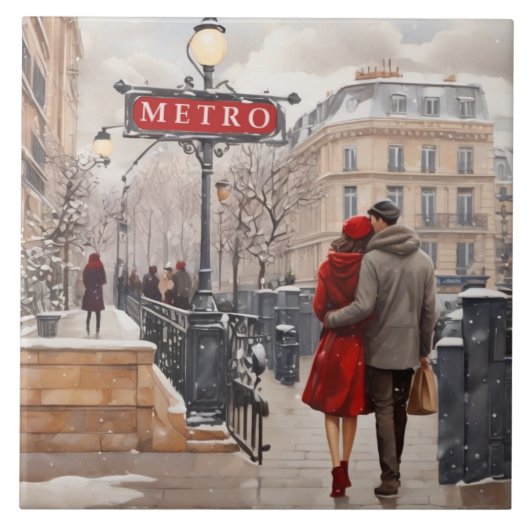 Paris Love: Romantic Winter Walk Metro Station Fliese (Vorderseite)