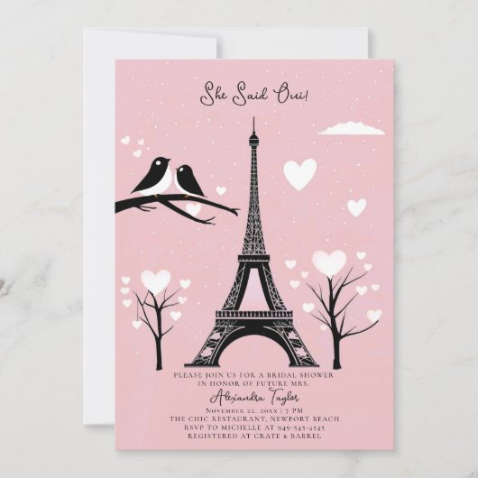 Paris Lovebirds Hearts Eiffel Winter Brautparty Einladung (Vorderseite)