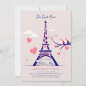 Paris Lovebirds Pink Hearts Navy Brautparty Einladung (Vorderseite)