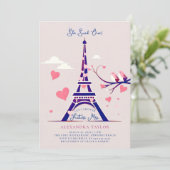 Paris Lovebirds Pink Hearts Navy Brautparty Einladung (Stehend Vorderseite)