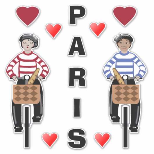PARIS Mädchen und Junge auf Fahrrädern Liebe Herz Aufkleber (Vorderseite)