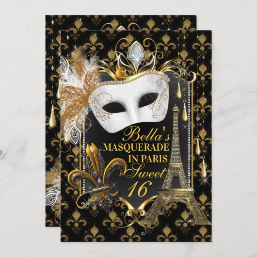 Paris Masquerade Einladungen zum Geburtstag (Vorne/Hinten)