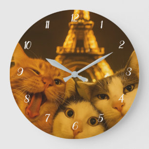 Paris Nacht Katze Selfie Squad Liebhaber           Große Wanduhr