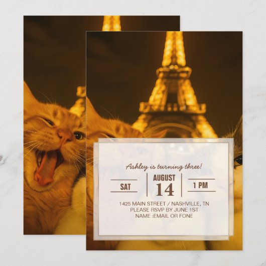 Paris Night Cat Selfie Squad Lover                 Einladung (Vorne/Hinten)