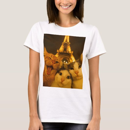 Paris Night Cat Selfie Squad Lover T-Shirt (Vorderseite)
