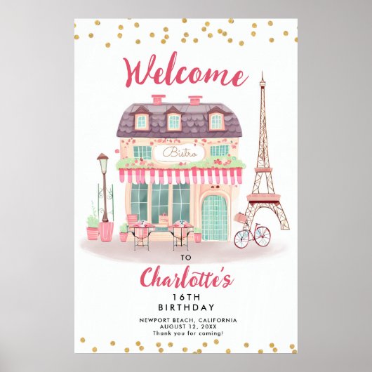 Paris Night Eiffel Bistro Pink Green Party Willkom Poster (Vorne)