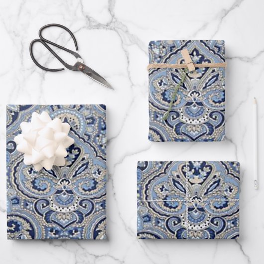 Paris Paisley Indigo Geschenkpapier Set (Vorderseite)