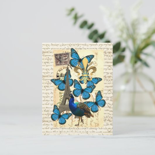 Paris, Pfau und Schmetterlinge Postkarte (Stehend Vorderseite)