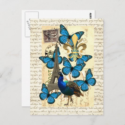 Paris, Pfau und Schmetterlinge Postkarte (Vorne/Hinten)