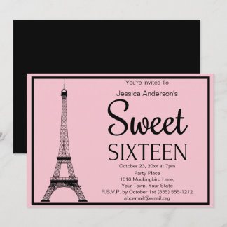 Paris Pink Black Eiffel Tower 16 . Geburtstag Einladung
