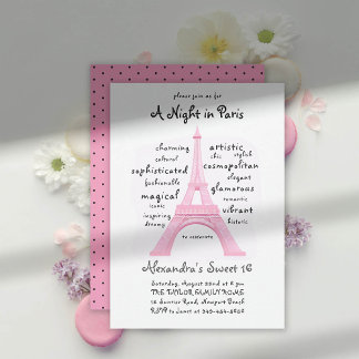 Paris Pink Eiffel Tower Word Cloud Chic Sweet 16 Einladung