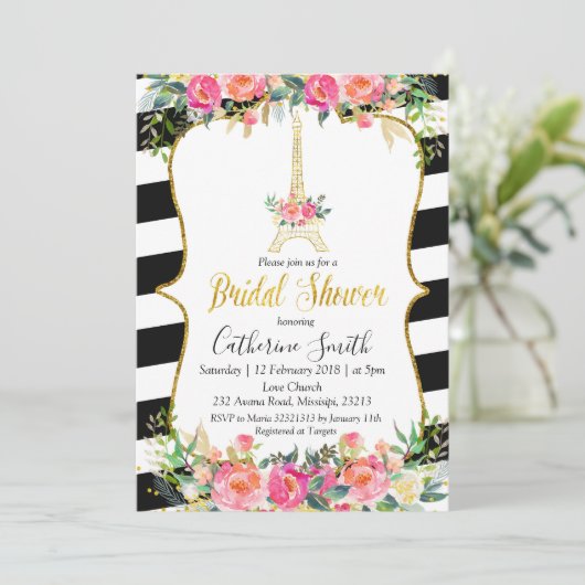 Paris Pink Floral Romantisches Brautparty Einladung (Stehend Vorderseite)