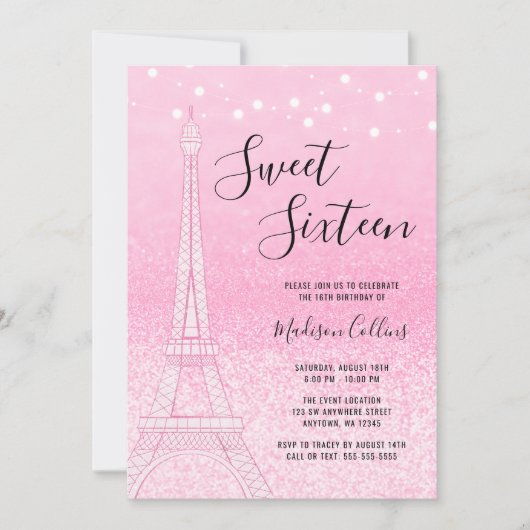 Paris Pink Glitzer Lights Sweet 16 Einladung (Vorderseite)