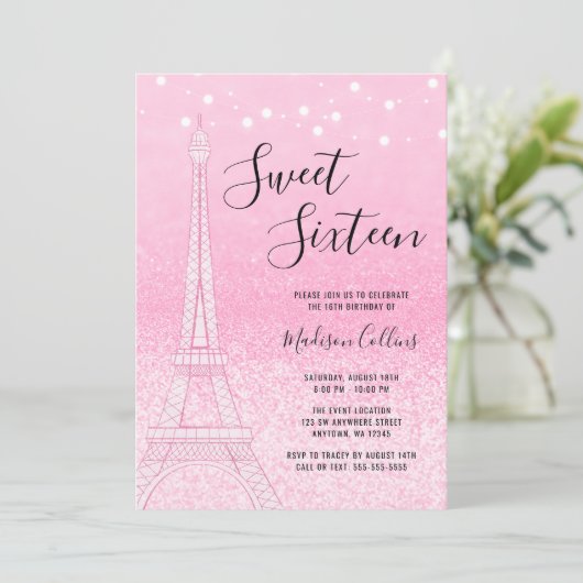 Paris Pink Glitzer Lights Sweet 16 Einladung (Stehend Vorderseite)