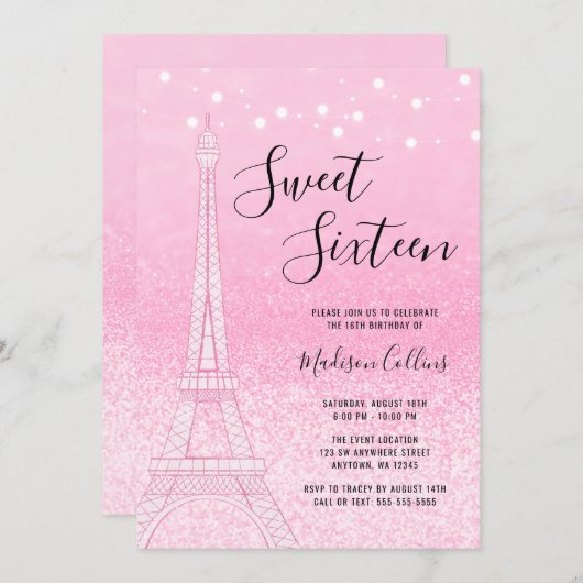 Paris Pink Glitzer Lights Sweet 16 Einladung (Vorne/Hinten)