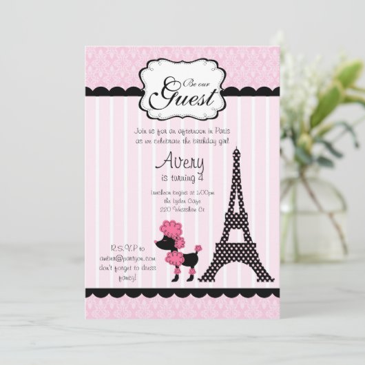 Paris Pink Poodle Eiffelturm Tee Party Braut Einladung (Stehend Vorderseite)