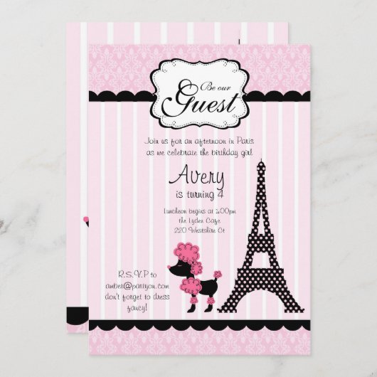 Paris Pink Poodle Eiffelturm Tee Party Braut Einladung (Vorne/Hinten)