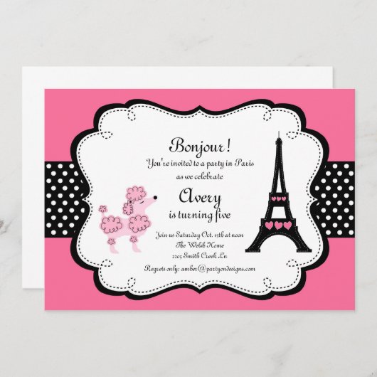 Paris Pink Poodle Eiffelturm Tee Party Braut Einladung (Vorne/Hinten)