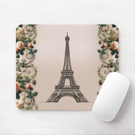 Paris Pink Rose Vines Eiffelturm Shabby Chic Mousepad (Mit Mouse)