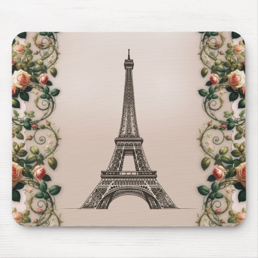 Paris Pink Rose Vines Eiffelturm Shabby Chic Mousepad (Vorne)