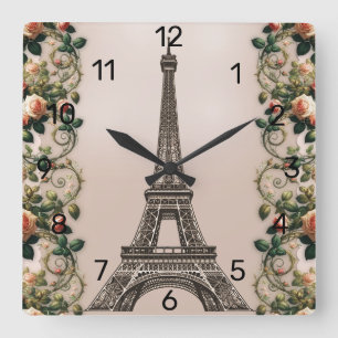 Paris Pink Rose Vines Eiffelturm Shabby Chic Quadratische Wanduhr